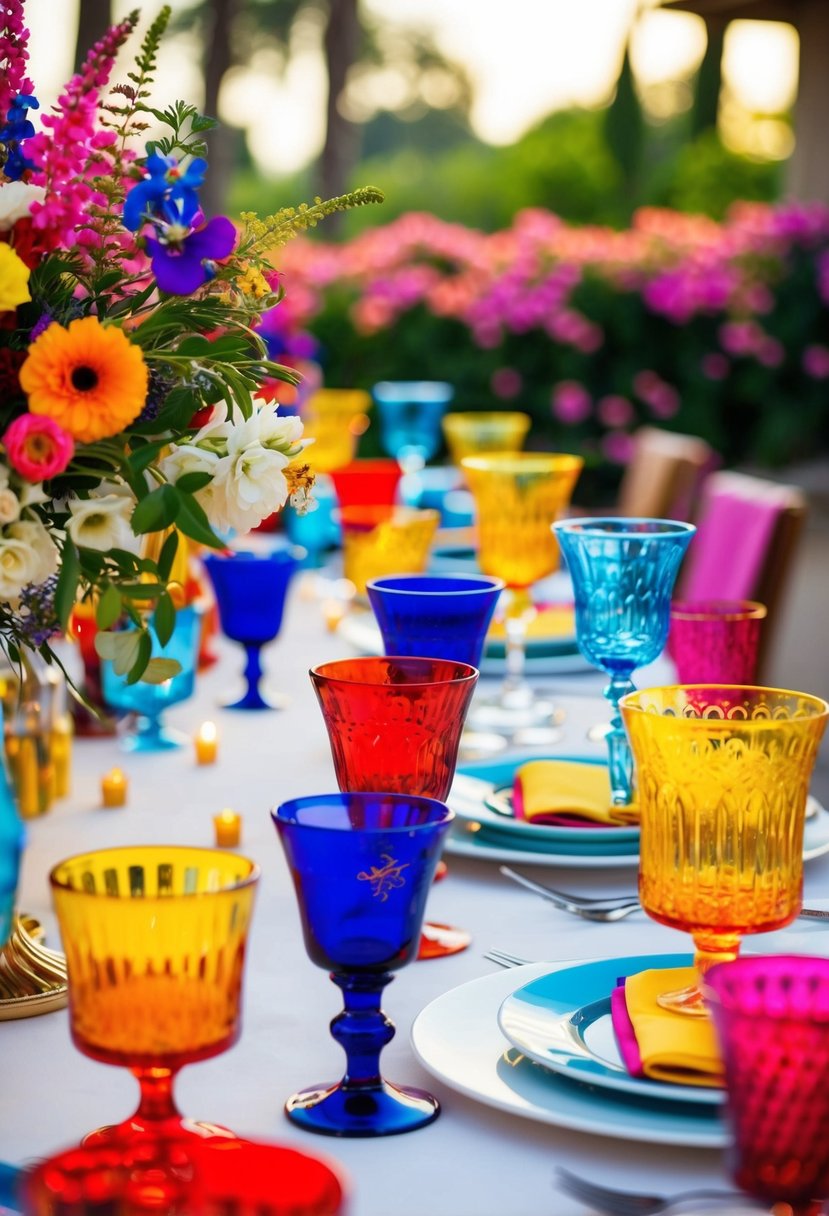 A table adorned with vibrant glassware in Mediterranean hues, creating a colorful and festive atmosphere for a wedding celebration