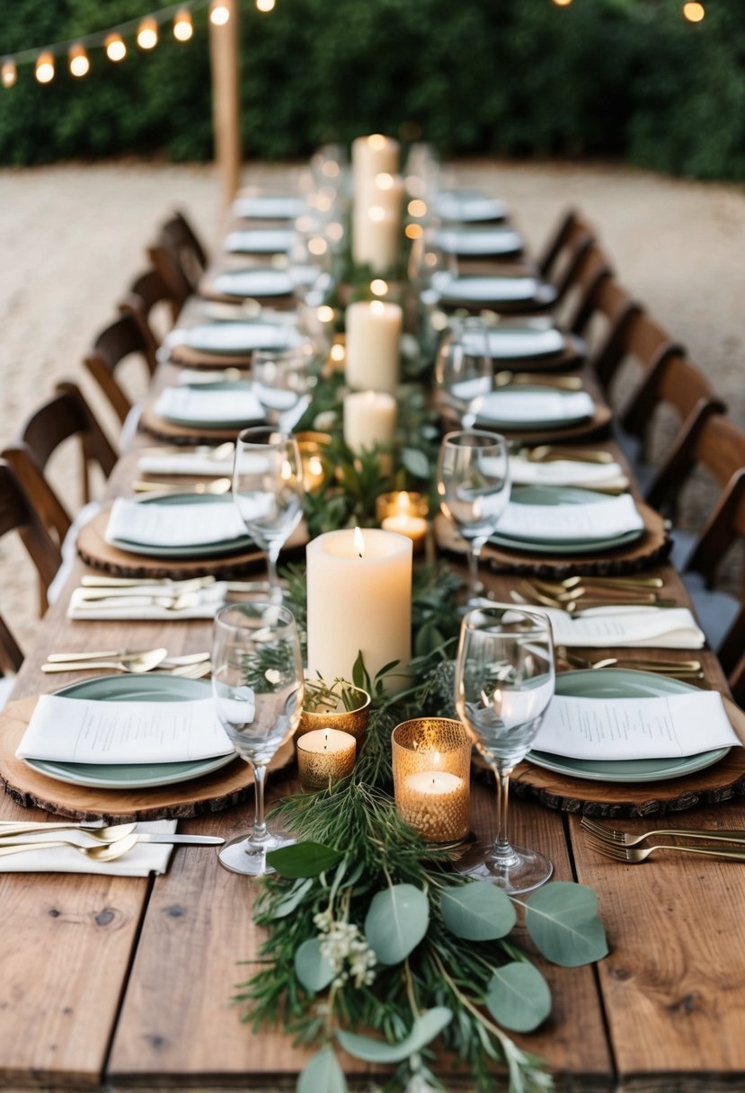 Wooden tables adorned with greenery, candles, and rustic tableware create a cozy Mediterranean wedding atmosphere