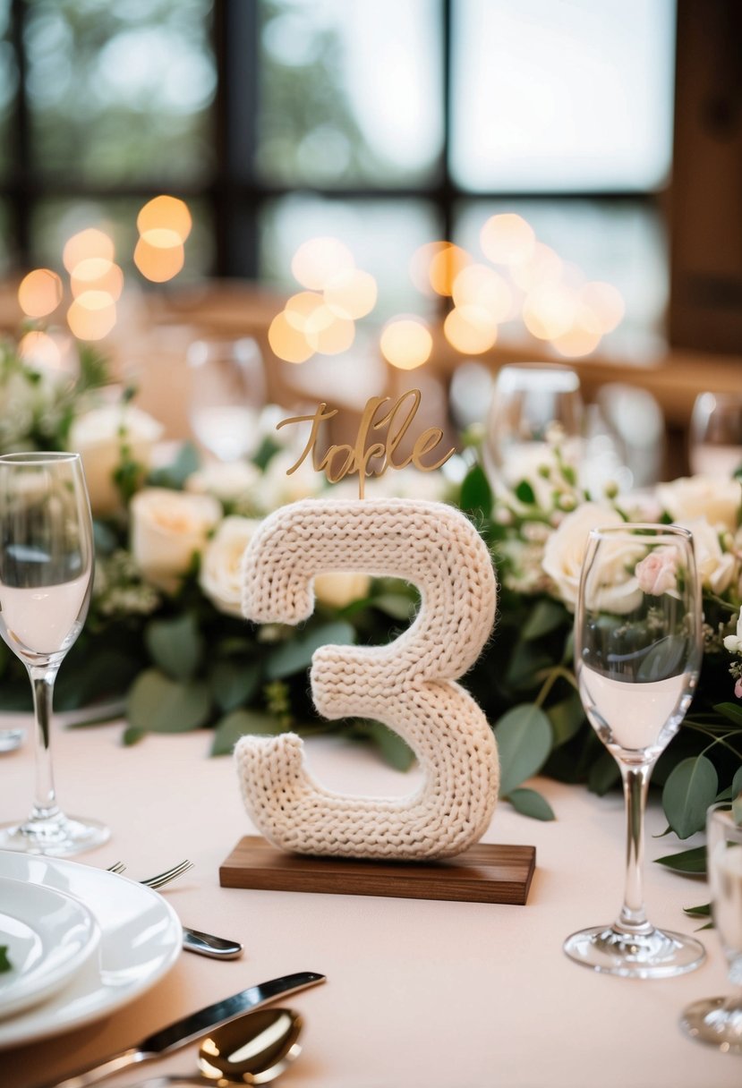 A set of custom knitted table numbers arranged on a beautifully decorated wedding table