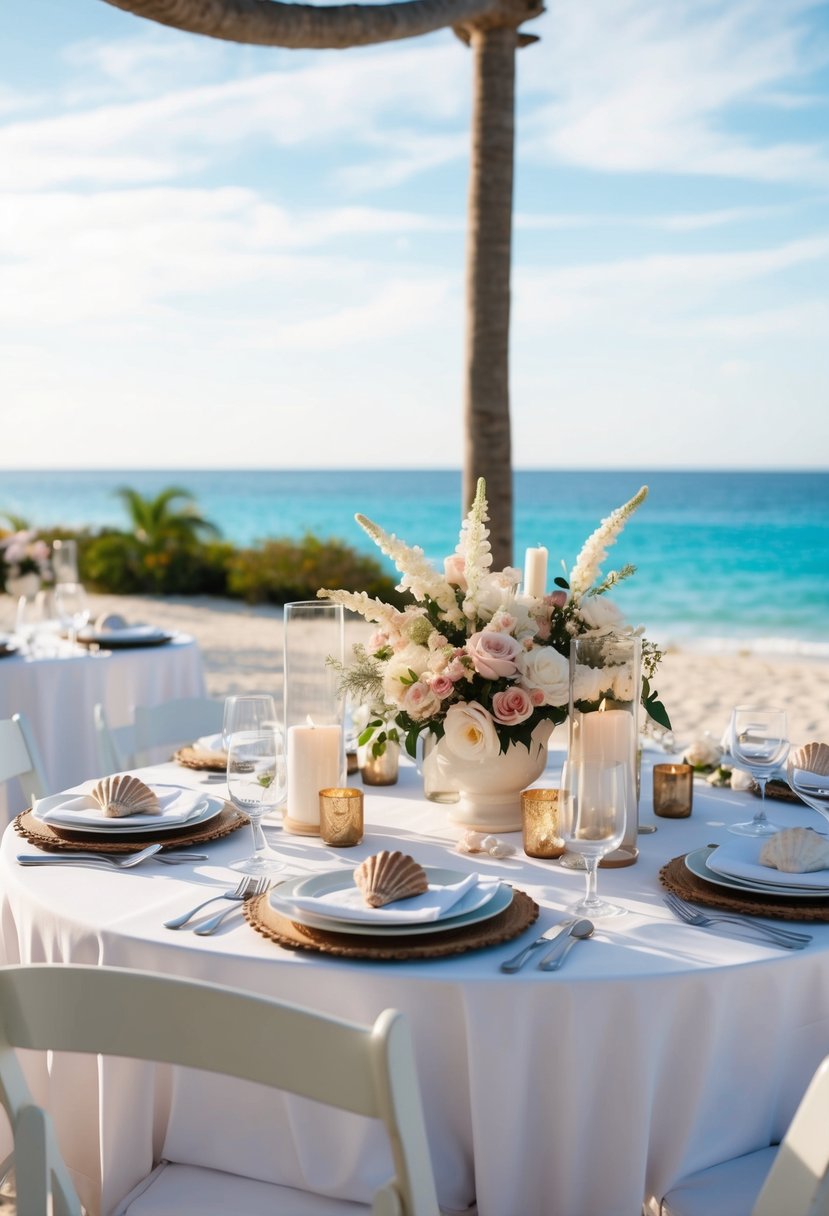 A table set with white linens, adorned with seashells, candles, and Mediterranean-inspired floral arrangements, overlooking a sandy beach and the sparkling blue sea