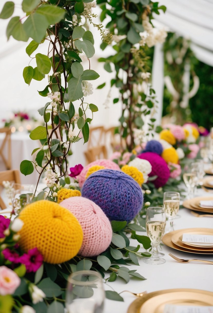 Colorful knitted flowers adorn wedding tables, intertwined with delicate leaves and vines, creating a charming and cozy atmosphere