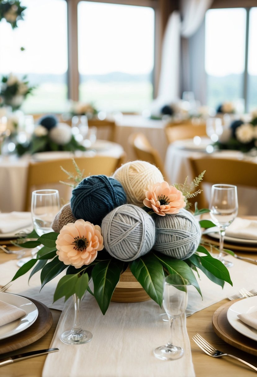 Yarn ball table centerpieces arranged with knitted flowers and leaves for a cozy wedding atmosphere