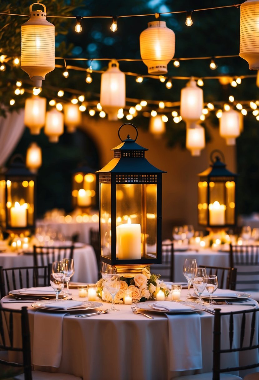 Mediterranean lanterns casting warm light over an elegantly set wedding table, creating a romantic and enchanting atmosphere