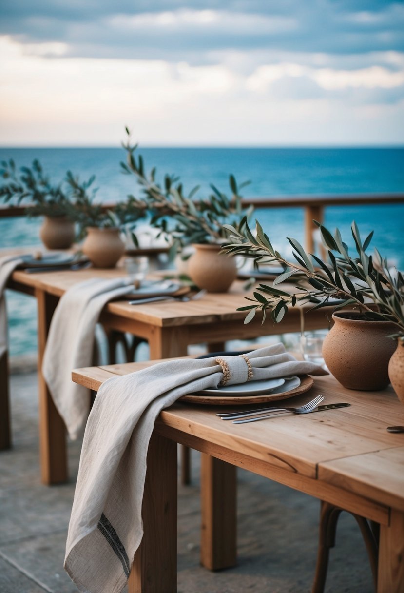 Linen napkins draped over wooden tables, adorned with olive branches and rustic pottery, set against a backdrop of the Mediterranean sea