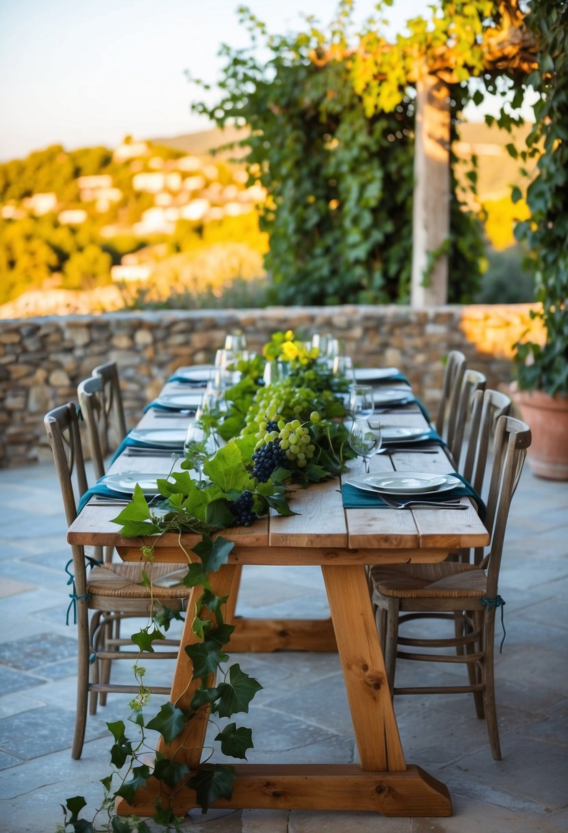 A rustic wooden table adorned with ivy and grapevine garlands, set against a backdrop of sun-soaked Mediterranean scenery