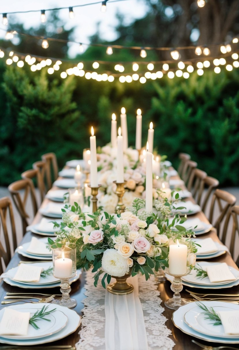 A table adorned with delicate floral centerpieces, elegant candles, and vintage lace table runners set against a backdrop of lush greenery and twinkling string lights