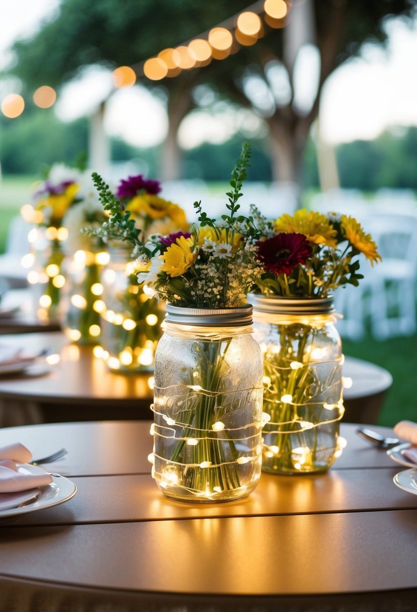 Fairy lights wrapped around mason jars filled with flowers, placed on outdoor wedding tables