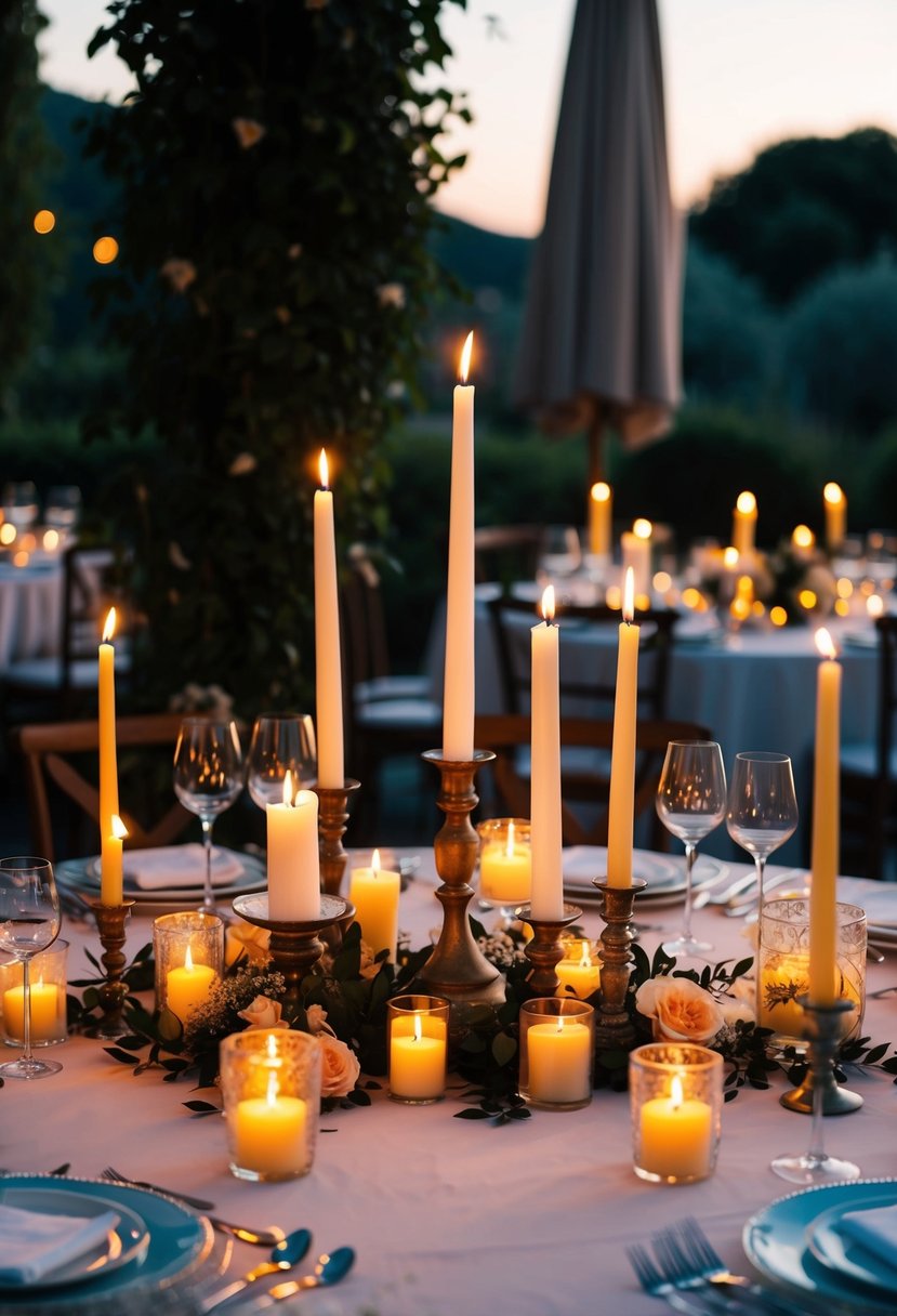 A table adorned with flickering candles of varying heights, casting a warm and romantic glow for a Mediterranean wedding ambiance