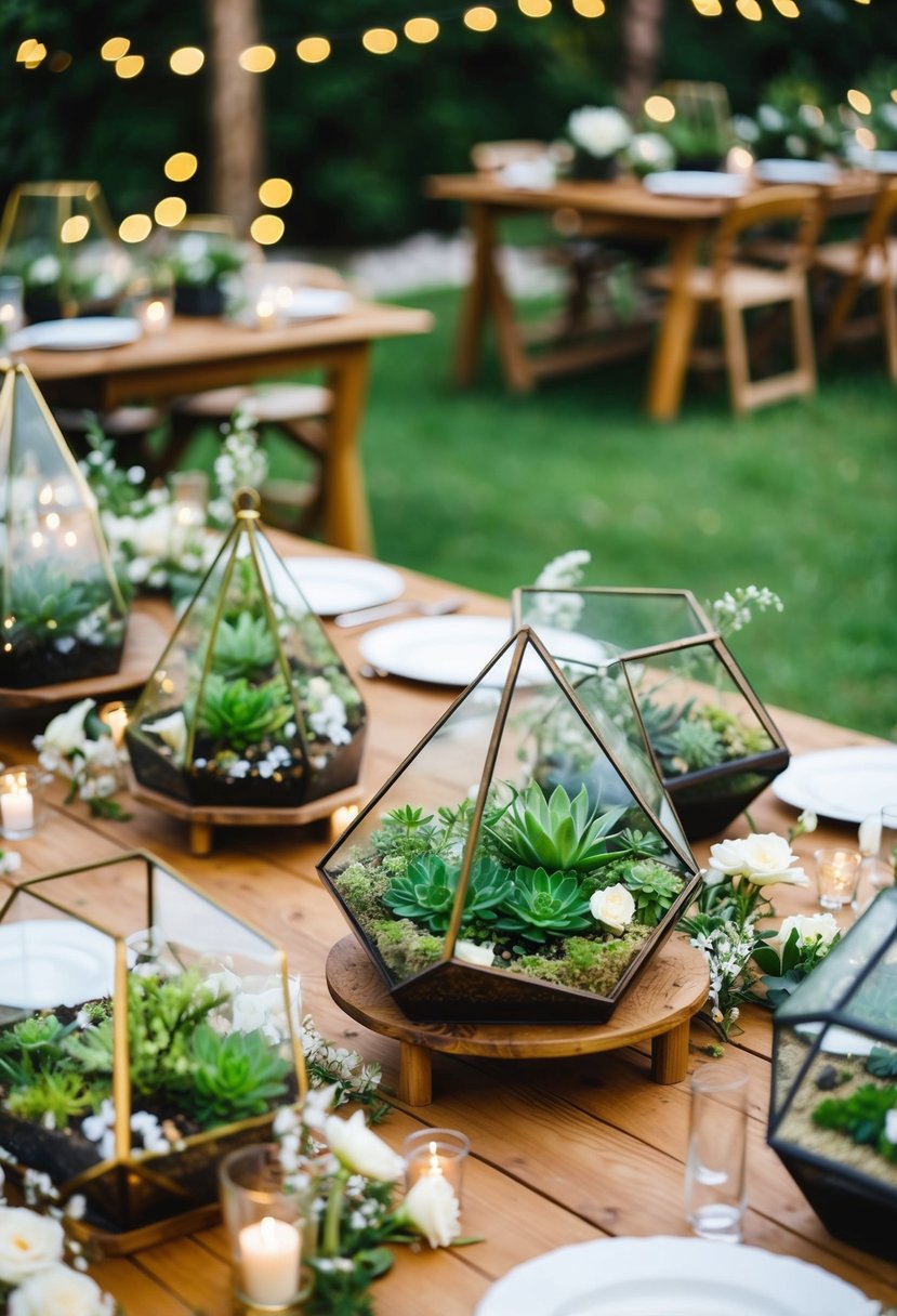 Lush green terrariums arranged on wooden tables, surrounded by delicate flowers and twinkling fairy lights, creating a magical atmosphere for an outdoor wedding celebration