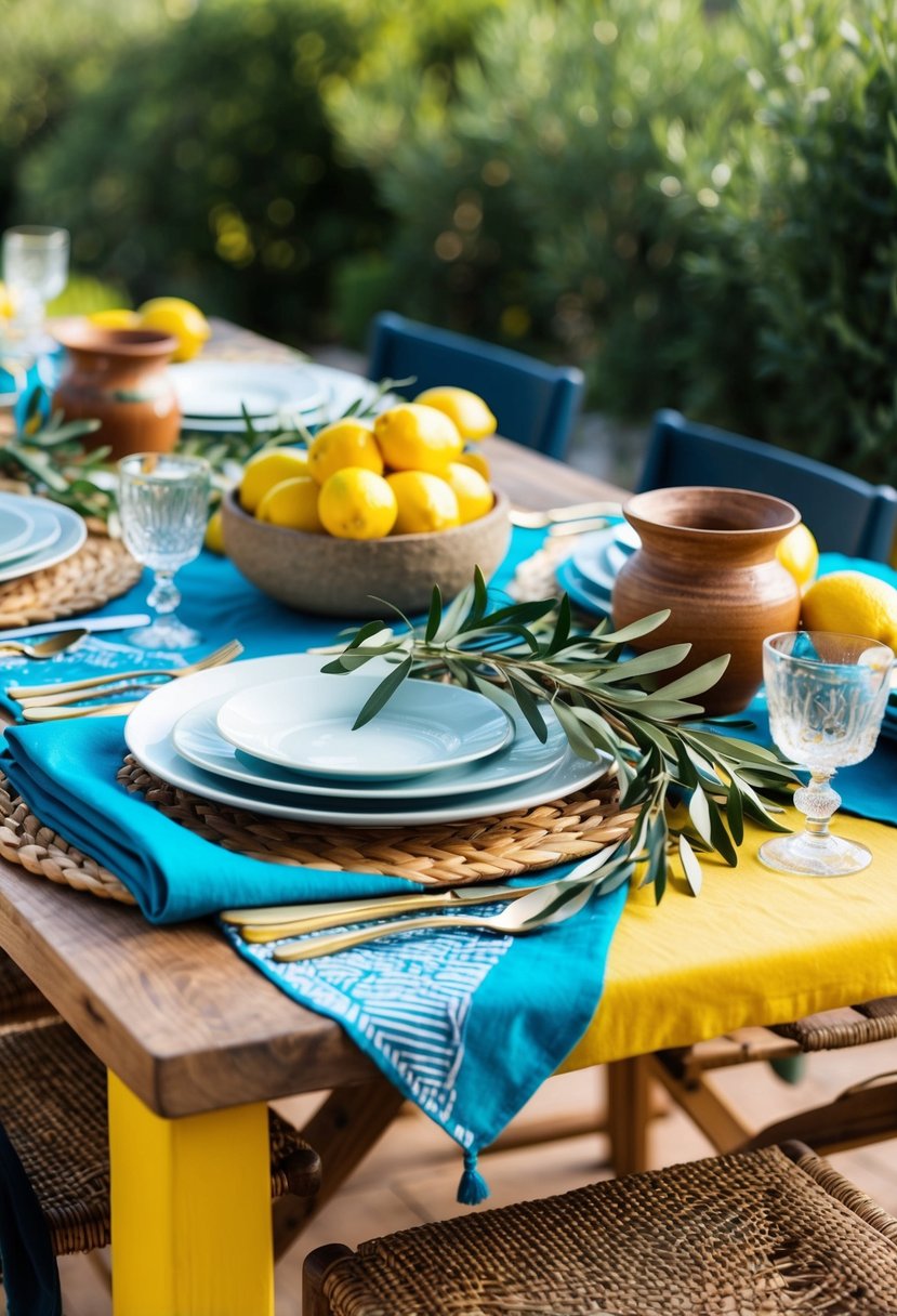 A table set with vibrant Mediterranean-style linens, adorned with olive branches, lemons, and rustic pottery