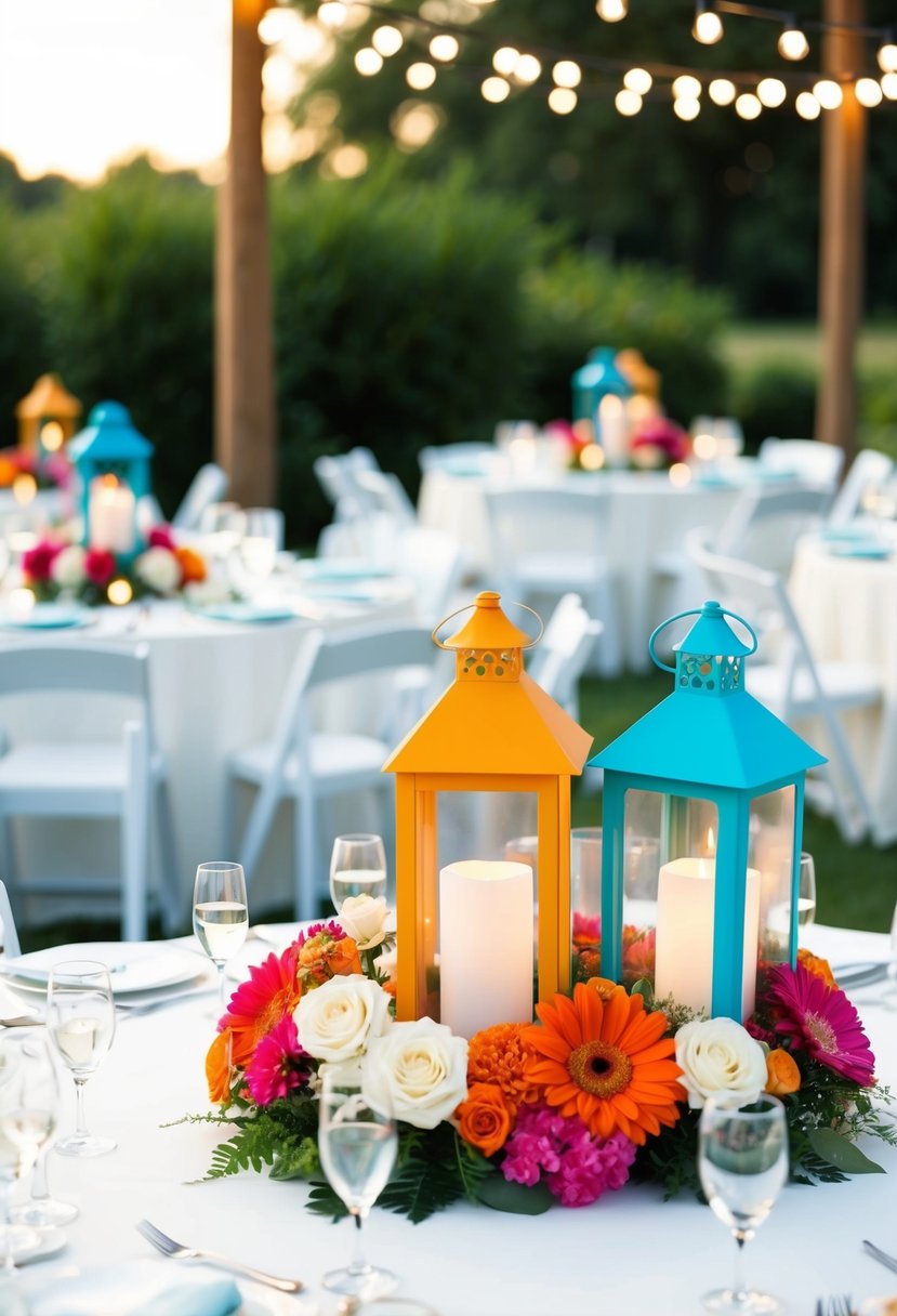 Colorful lanterns and flower arrangements adorn outdoor wedding tables