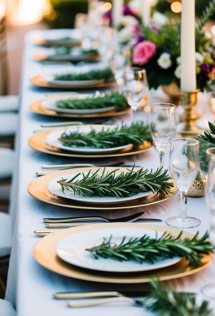 Rosemary sprigs placed at each setting on a Mediterranean wedding table, alongside elegant decor and vibrant colors