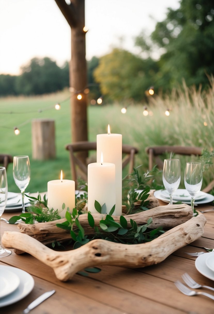 Driftwood table accents arranged with candles and greenery for outdoor wedding decor