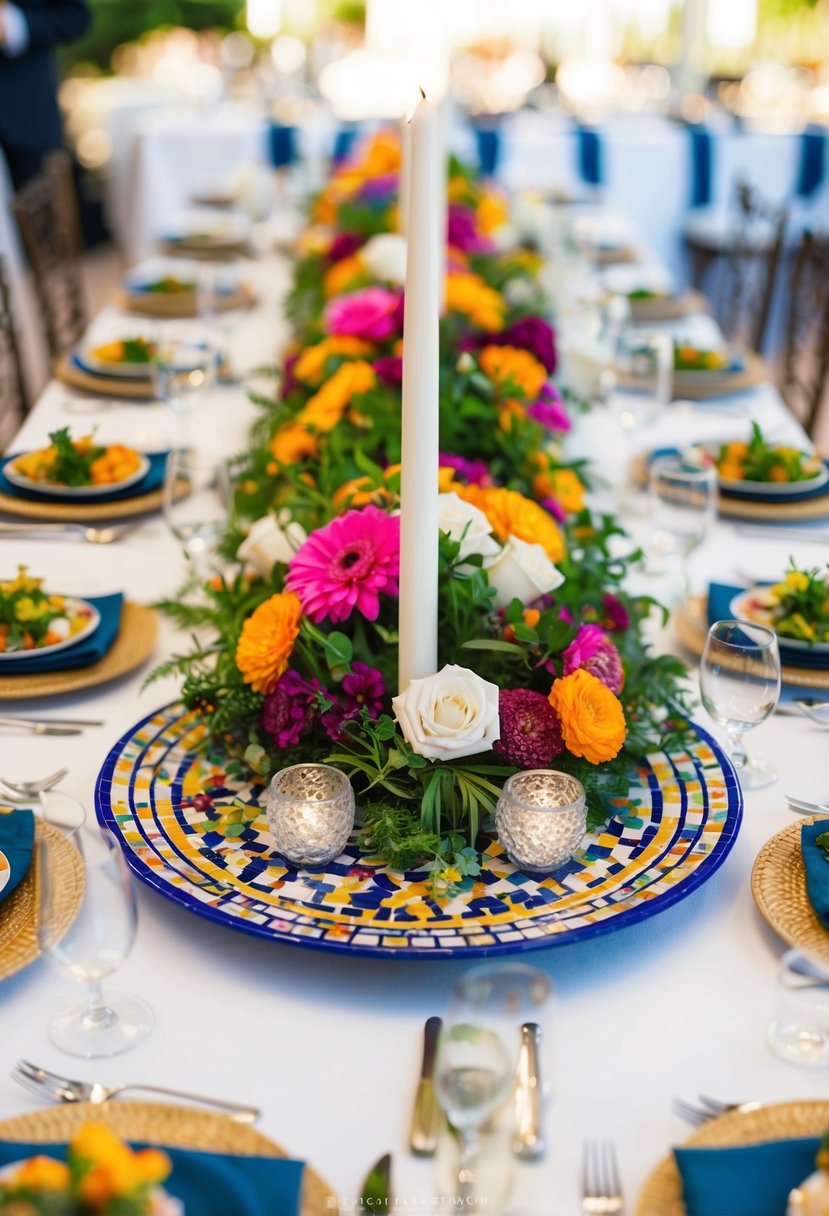 A mosaic tile serving platter adorned with vibrant Mediterranean wedding decorations sits at the center of a beautifully set table