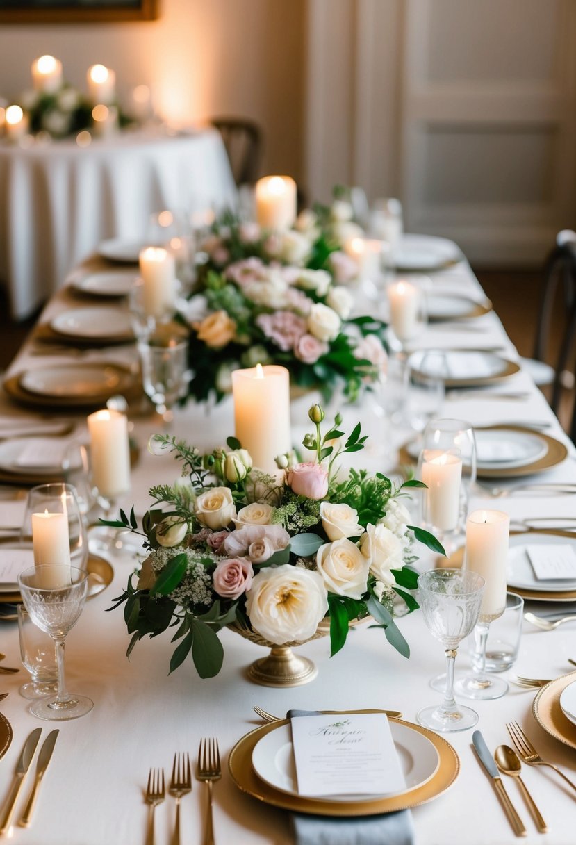 A beautifully set wedding table with elegant floral centerpieces, delicate place settings, and soft candlelight