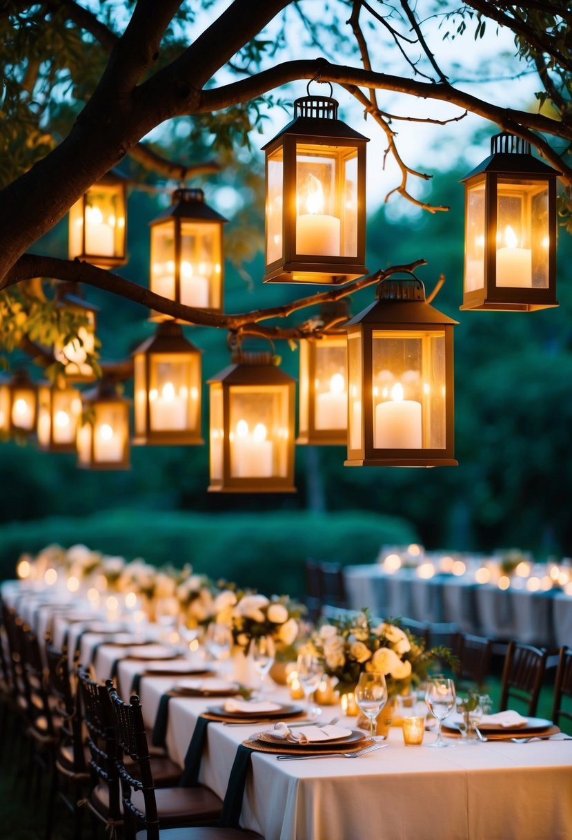 Lanterns hang from tree branches, casting a warm glow over a wedding table set with elegant decorations