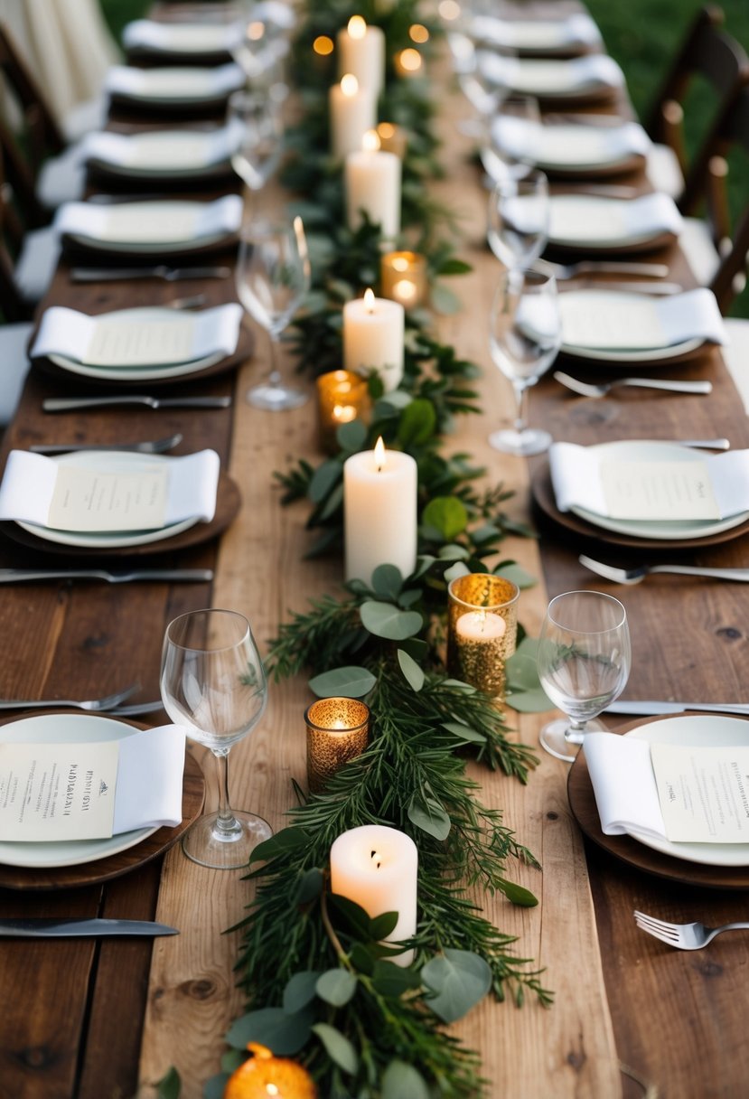 Rustic wooden table runners adorned with greenery and candles, set on outdoor wedding reception tables