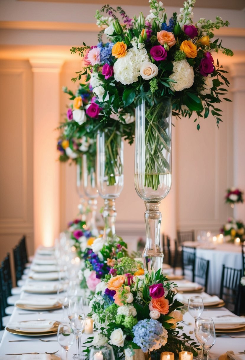 Tall vases filled with vibrant florals cascade down a table, creating an elegant and romantic wedding centerpiece