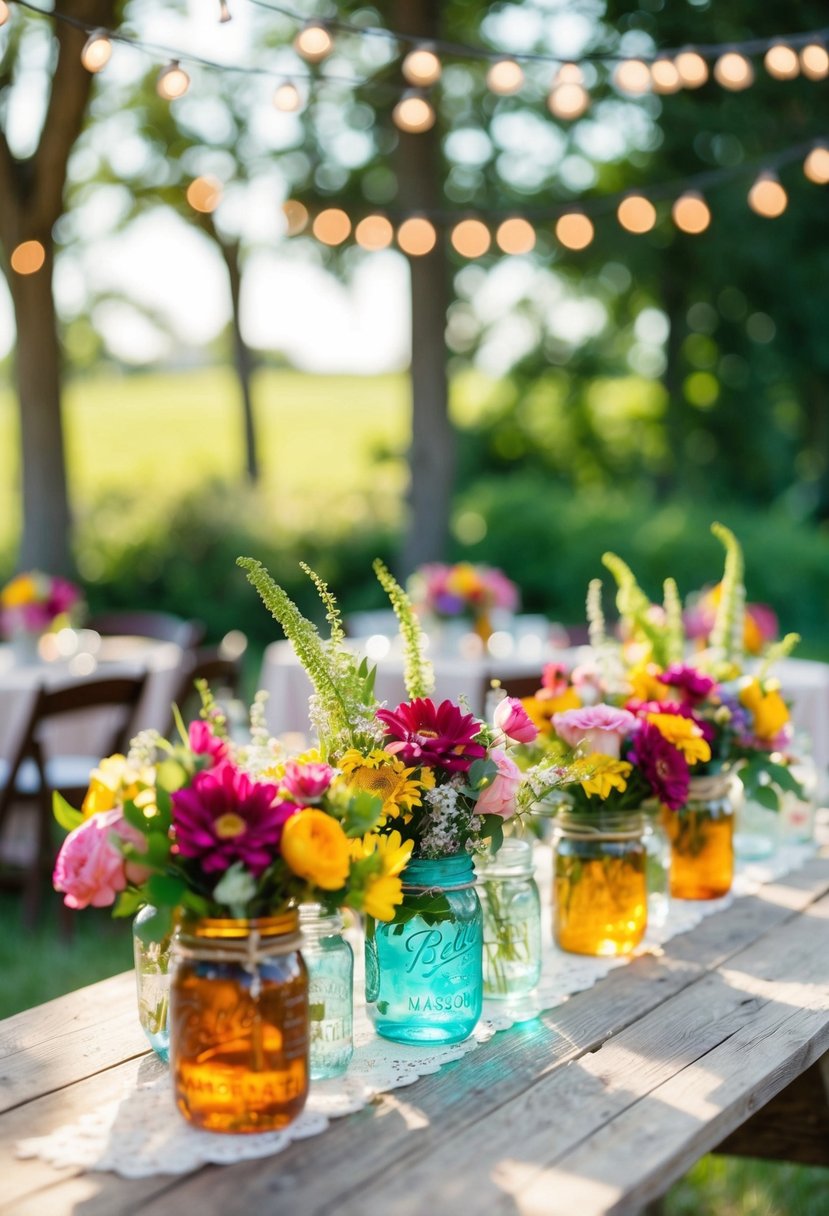 Colorful floral arrangements in mason jars adorn rustic wooden tables, creating a charming and elegant outdoor wedding atmosphere