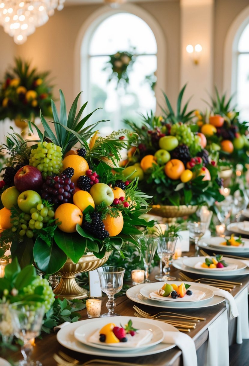 Lush compote centerpieces adorn wedding tables, brimming with vibrant fruits and foliage, creating a stunning and abundant display