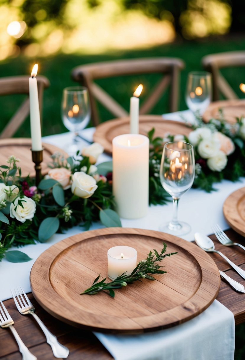 Rustic wooden charger plates arranged on outdoor wedding table with floral centerpieces and soft candlelight