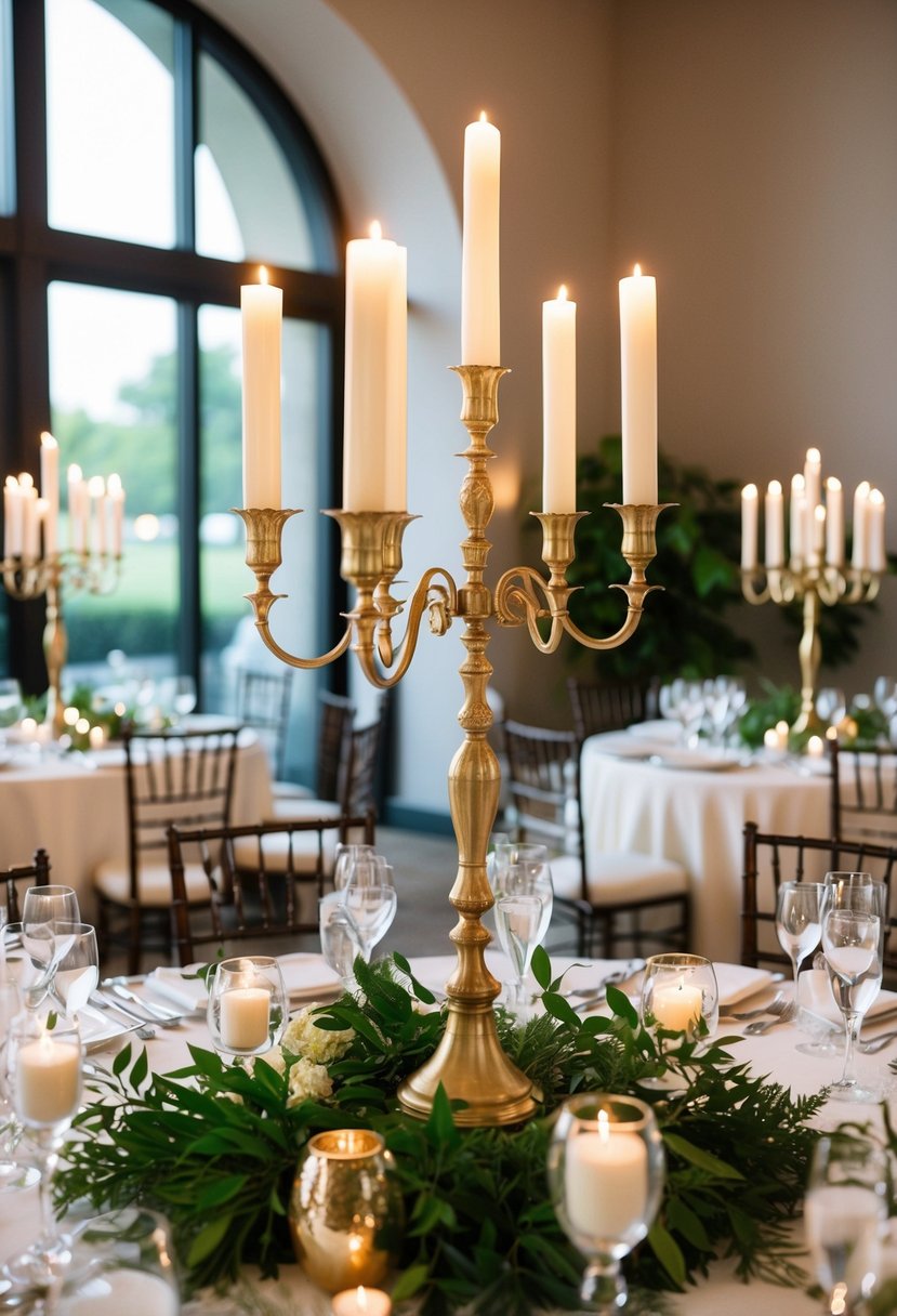 Tall candelabras adorned with lush greenery create an elegant wedding table centerpiece