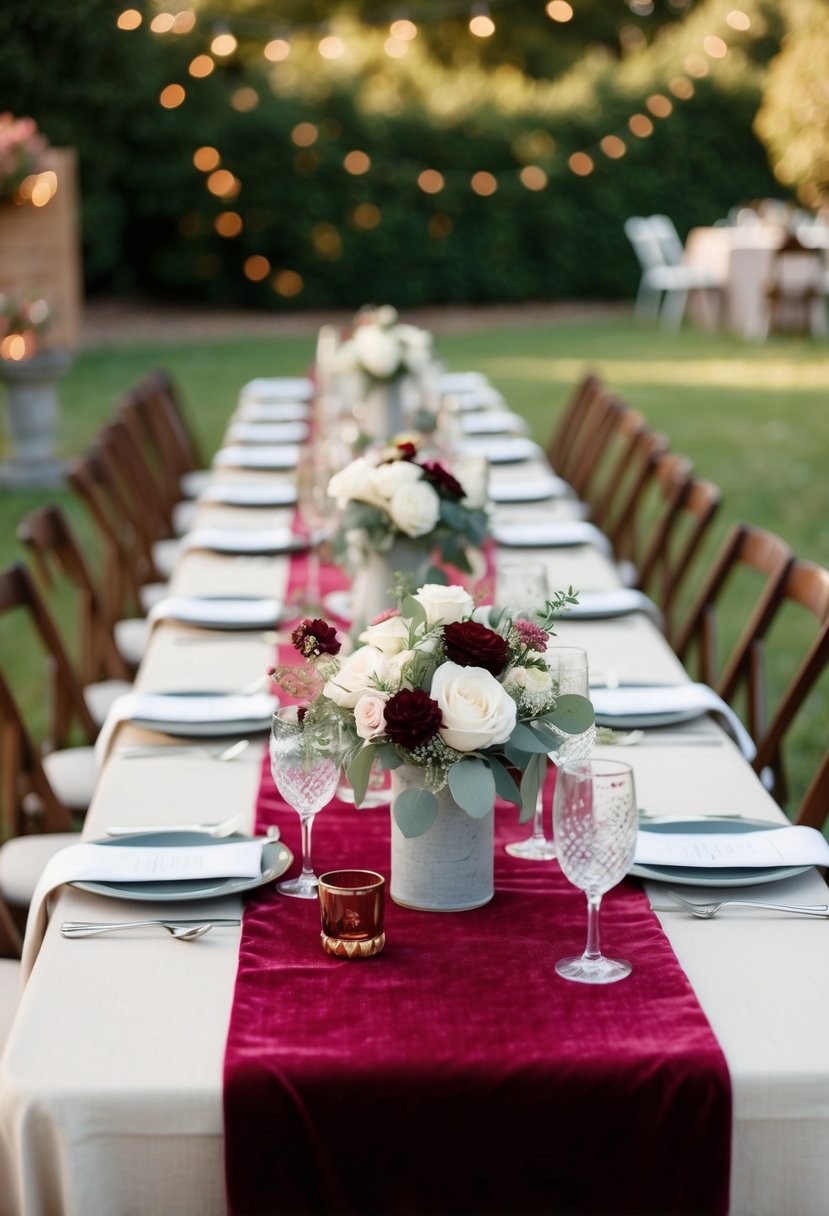 Rich velvet runners adorn outdoor wedding tables, adding elegance and warmth to the rustic setting