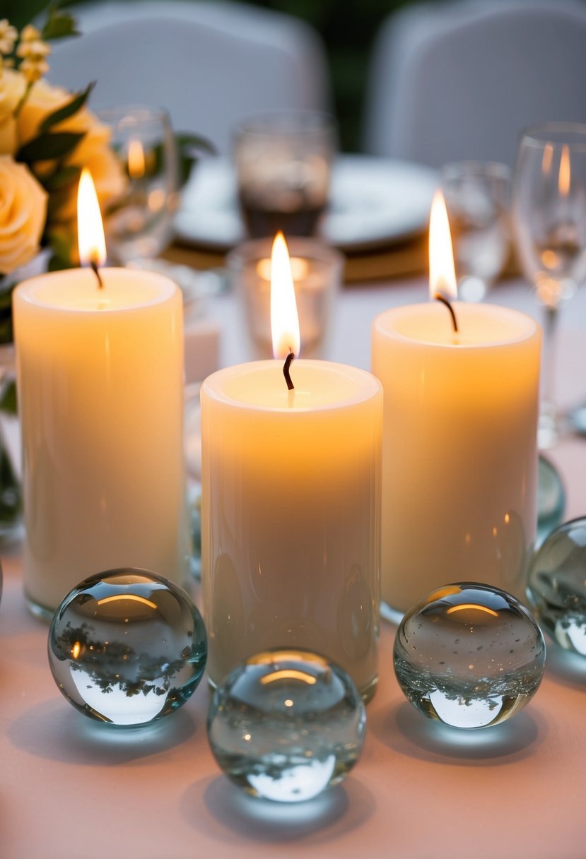 Glass marbles surround three lit candles, creating an elegant wedding table centerpiece