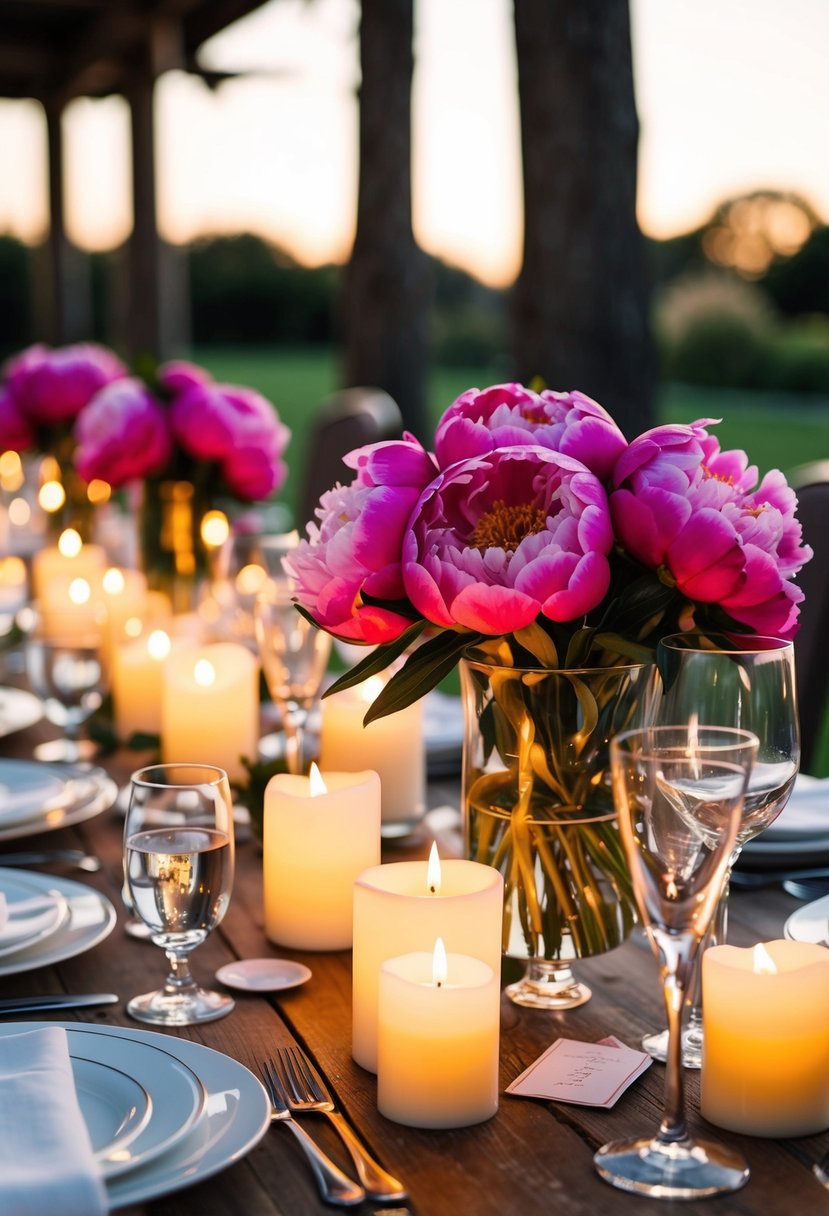 Vibrant peonies and flickering candles adorn an outdoor wedding table, creating a romantic and elegant atmosphere