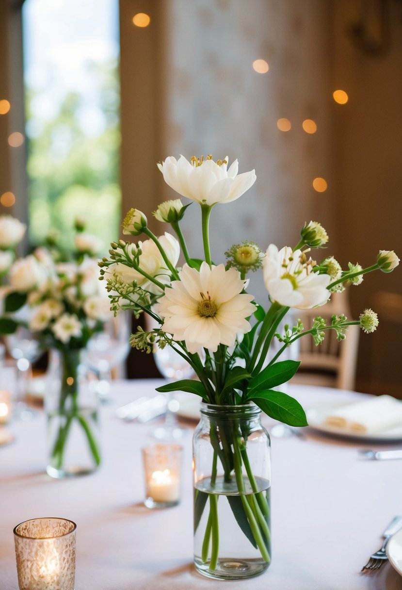 Single stem flowers in bud vases on a wedding table