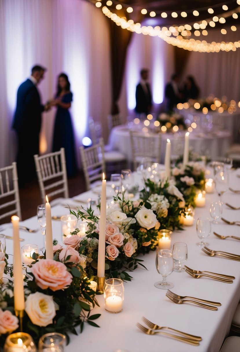 A table adorned with delicate fairy lights, candles, and floral centerpieces for a romantic wedding reception