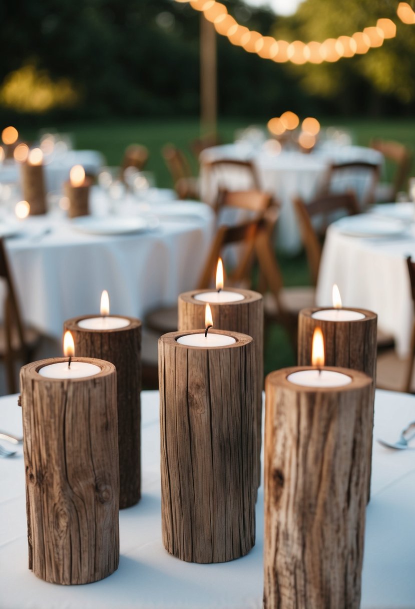 Rustic wooden candle holders arranged on outdoor wedding tables