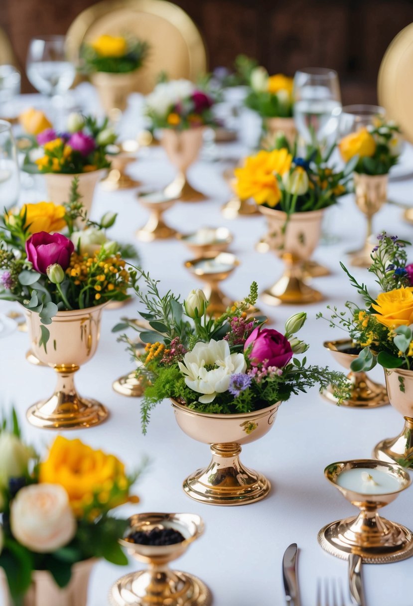 A variety of mini compote collections arranged on a table, filled with colorful flowers and greenery, creating an elegant and inspiring wedding table decoration