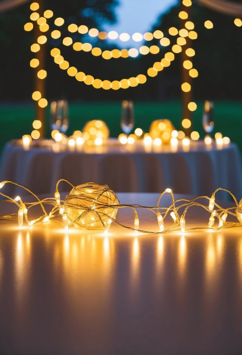 Fairy lights drape across the table, casting a magical glow for a wedding table decoration