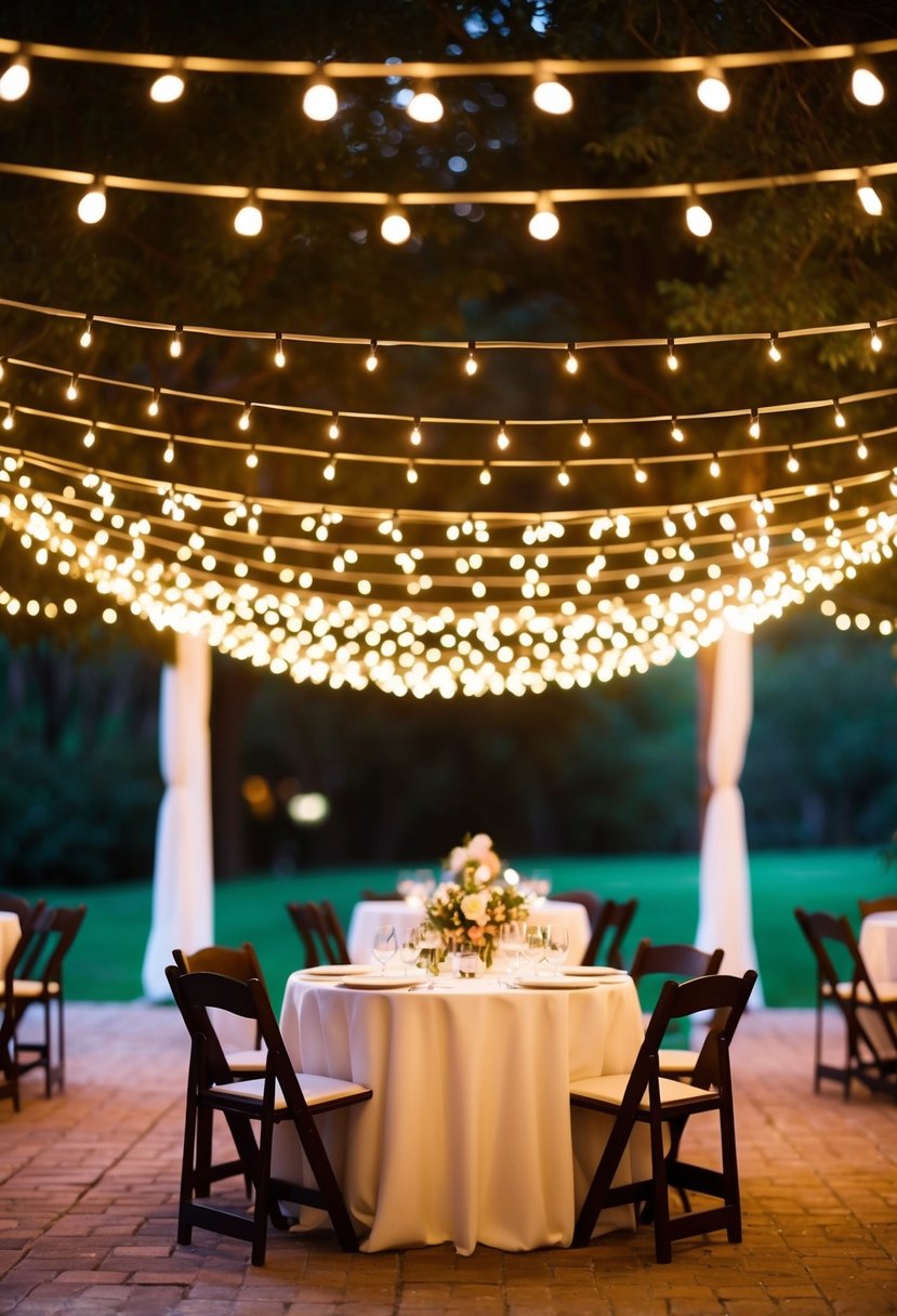 Overhead, string lights illuminate a wedding table set outside, creating a warm and romantic ambiance