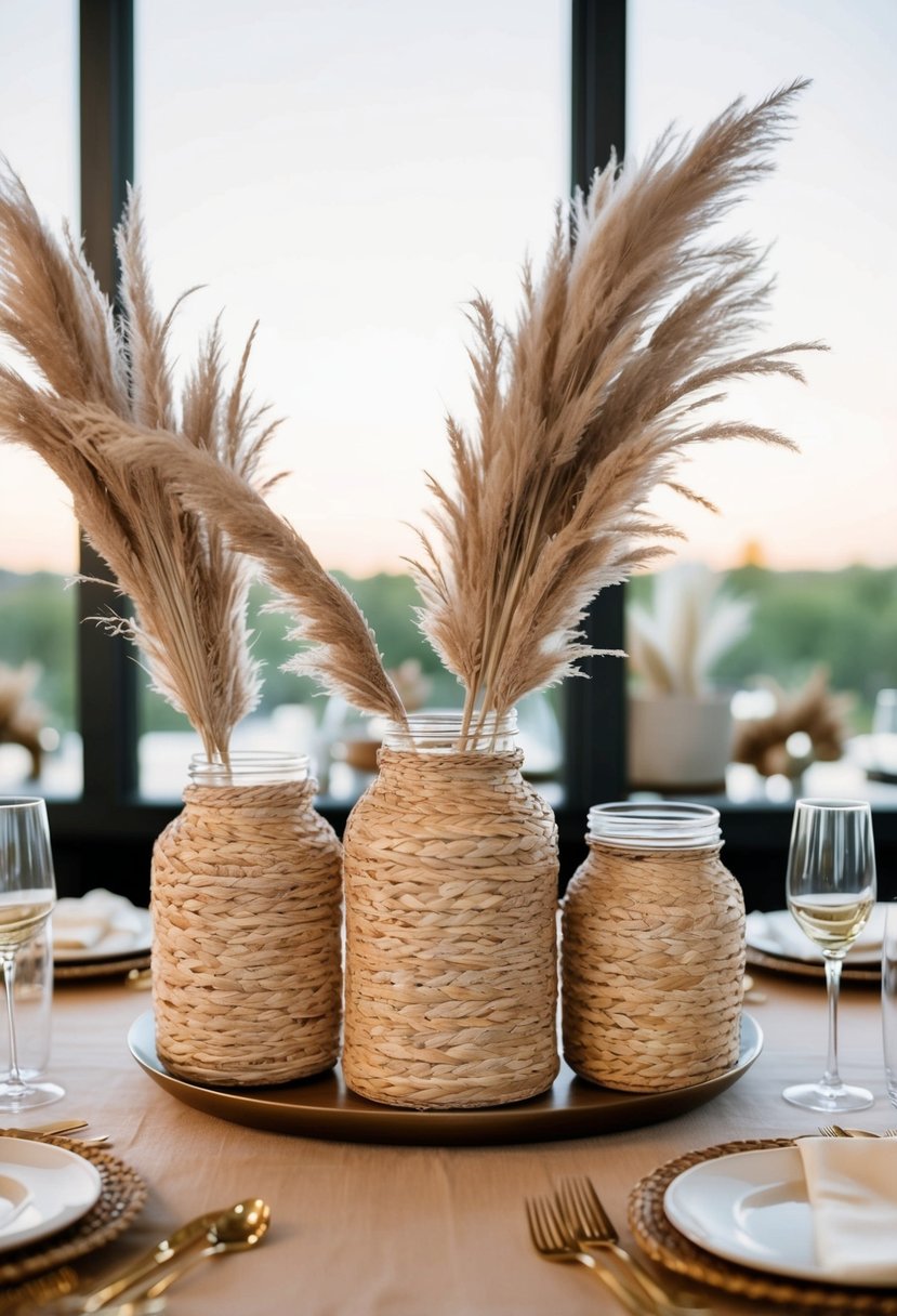 Pampas grass jars arranged with boho flair for wedding table decor