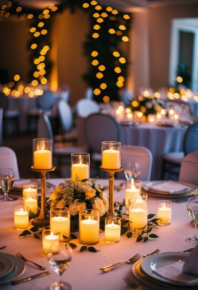 A table adorned with flickering LED candles, casting a warm and inviting glow for a wedding reception