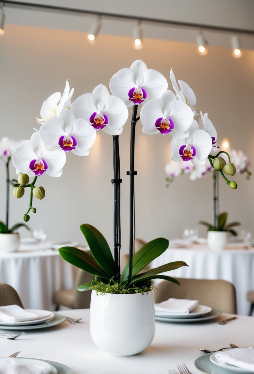 Elegant orchids in modern vases on a white table, with soft lighting and delicate linens