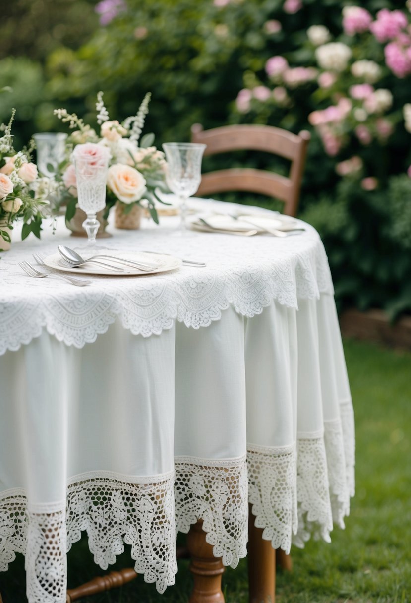 A white lace tablecloth drapes over a wooden table, adorned with delicate floral centerpieces and vintage silverware, set against a backdrop of lush greenery and blooming flowers