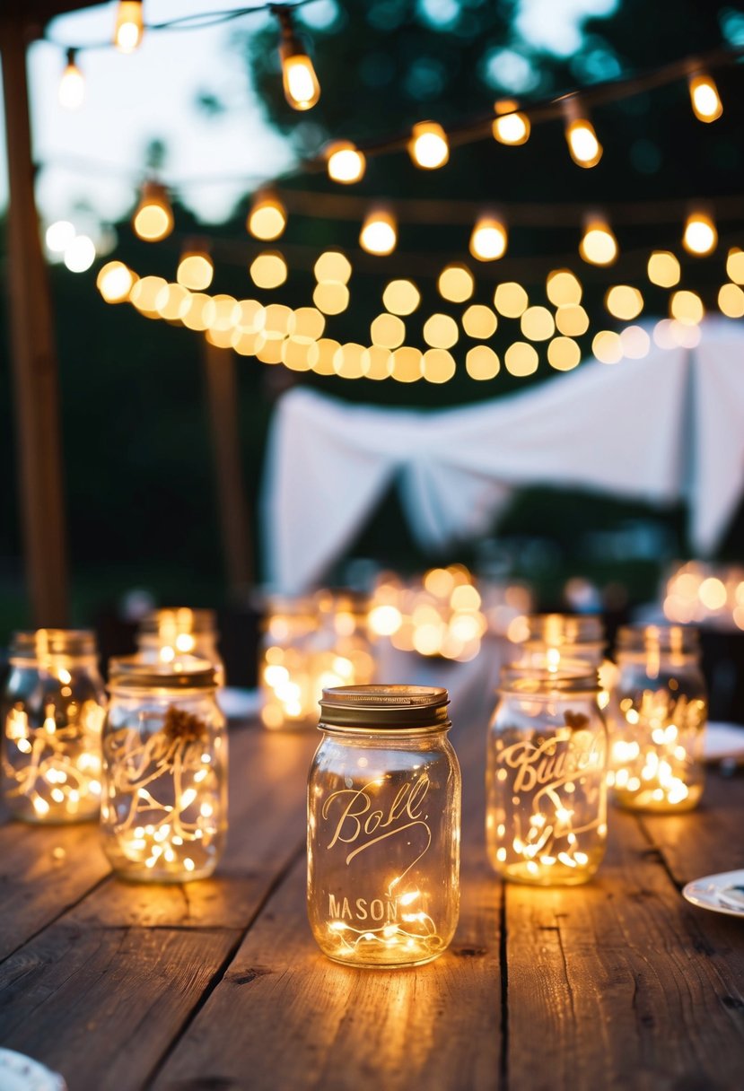 Mason jars filled with string lights illuminate a rustic wedding table