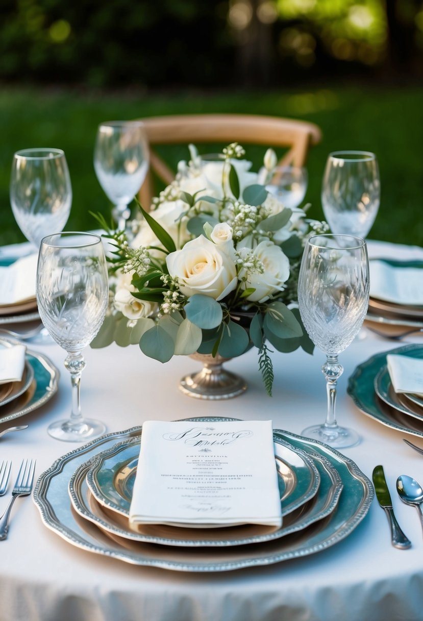 Elegant vintage glassware and silver table decorations set up for an outdoor wedding