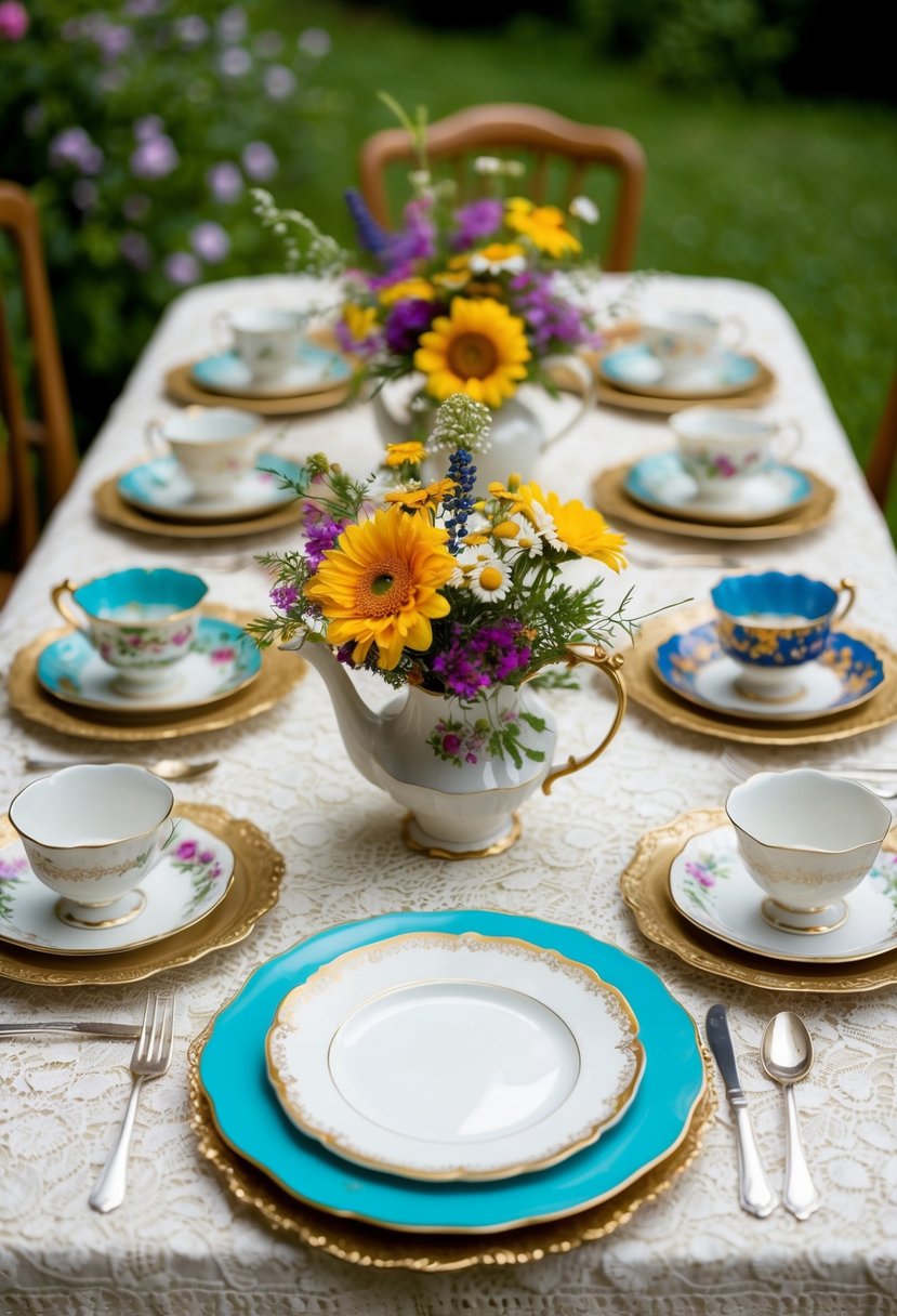 Vintage tea sets arranged on a lace tablecloth with wildflower centerpieces and mismatched china plates