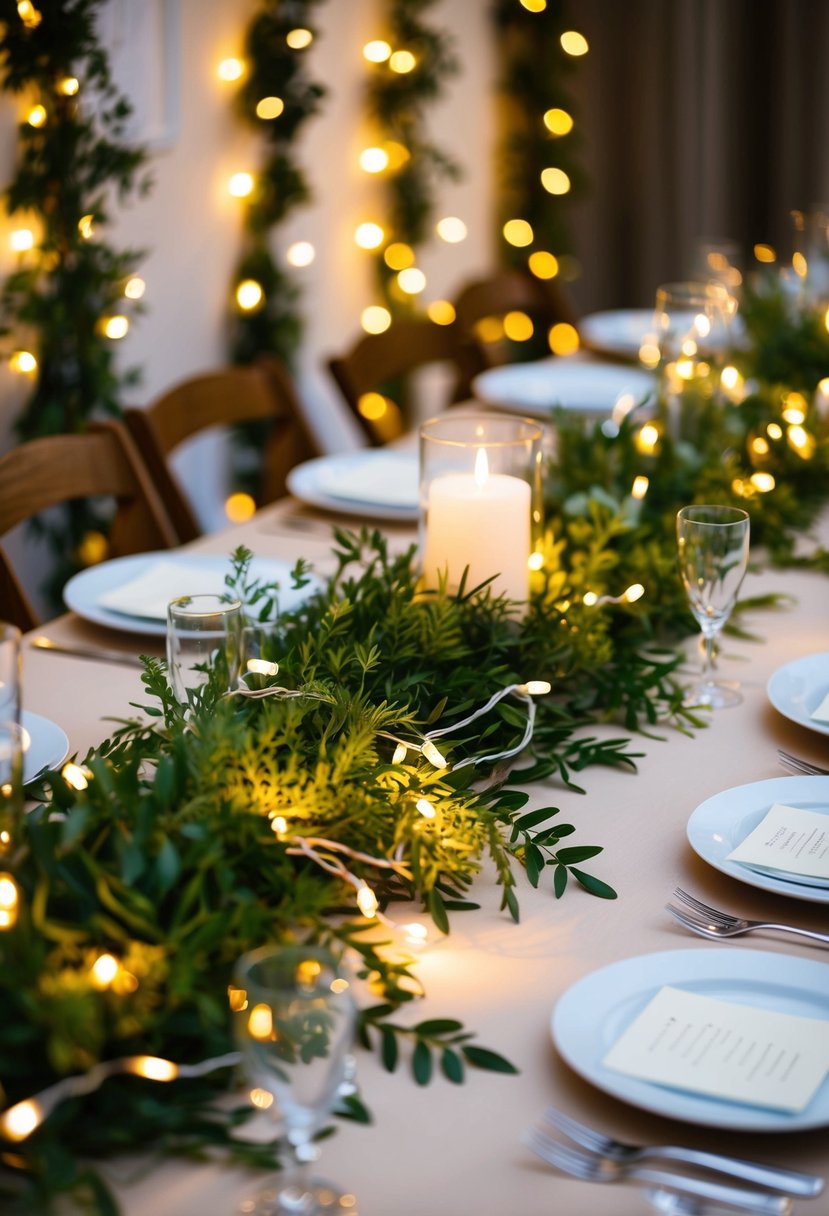 Fairy lights entwined with greenery adorn a wedding table, casting a warm and natural glow