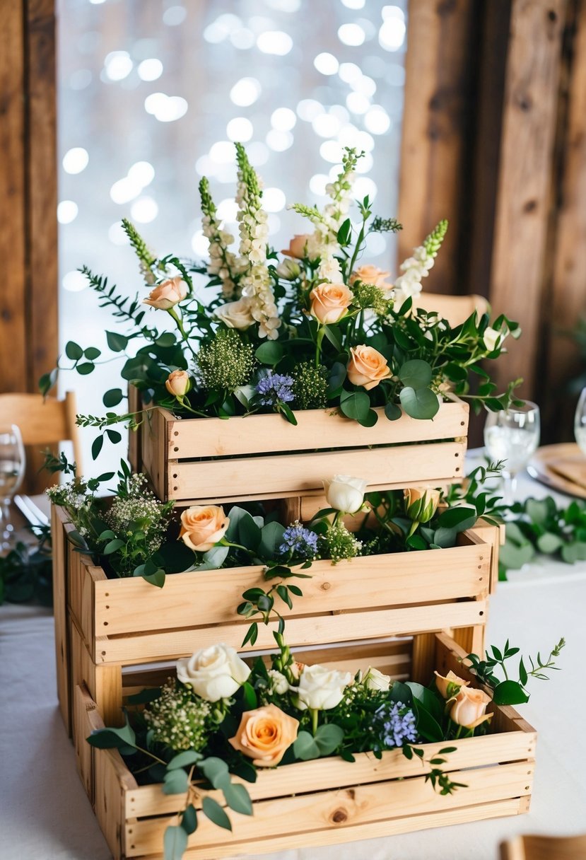 Wooden crates filled with flowers and greenery adorn a rustic wedding table