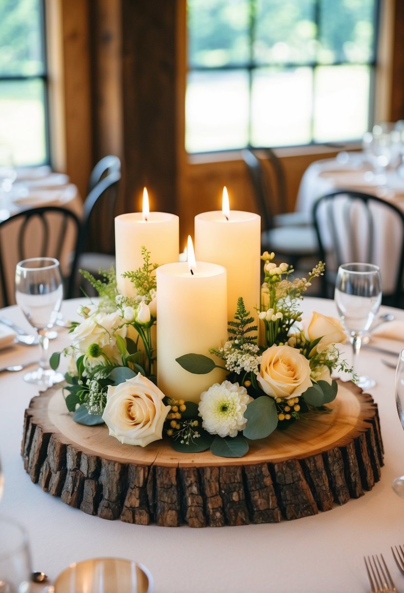 A rustic wood log slice adorned with elegant floral arrangements and candles, serving as a centerpiece for a wedding table