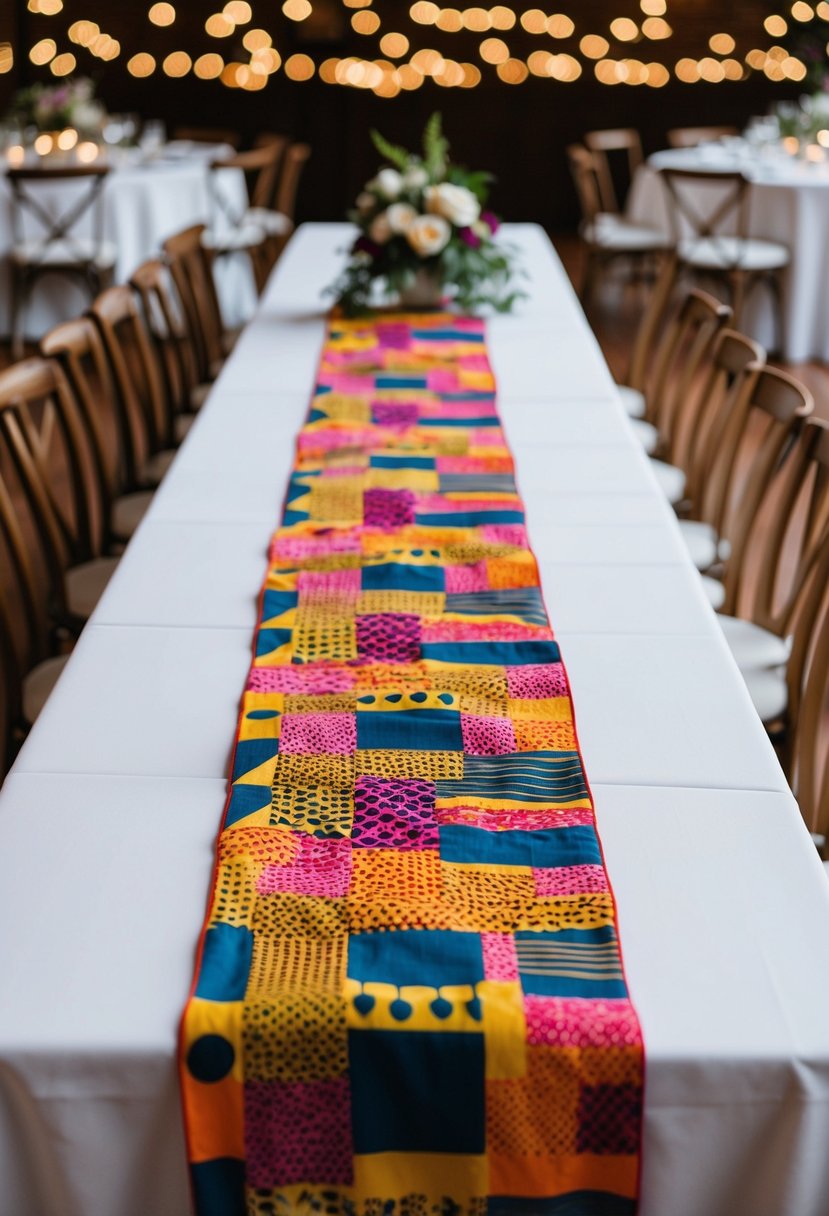 Colorful fabric runners arranged on tables, showcasing bold patterns and inspiring wedding table decorations