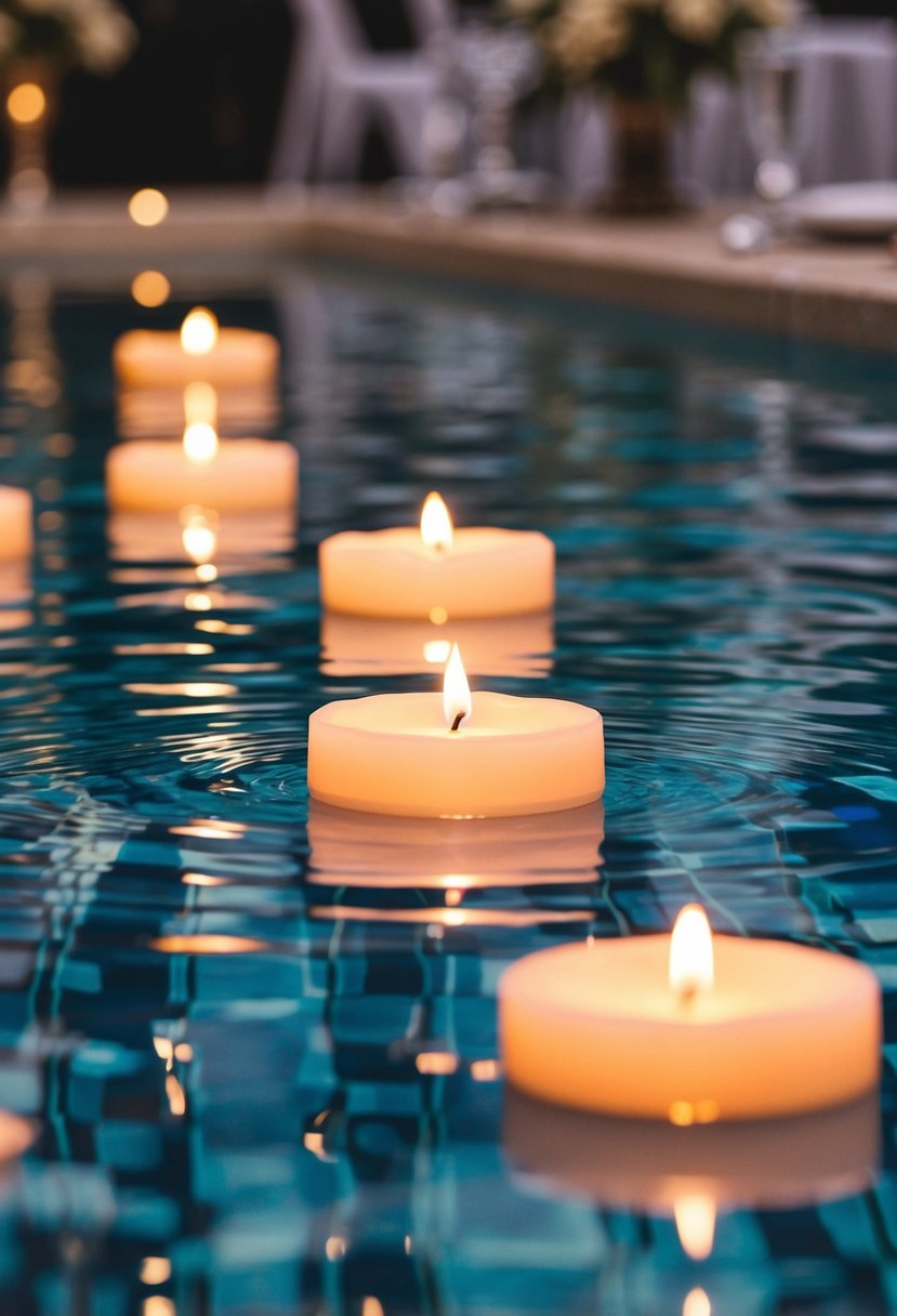 Several floating candles gently flicker on the surface of a shallow, crystal-clear pool, casting a warm and dreamy glow over the surrounding wedding table decorations. The soft light creates a romantic and enchanting ambiance for the event