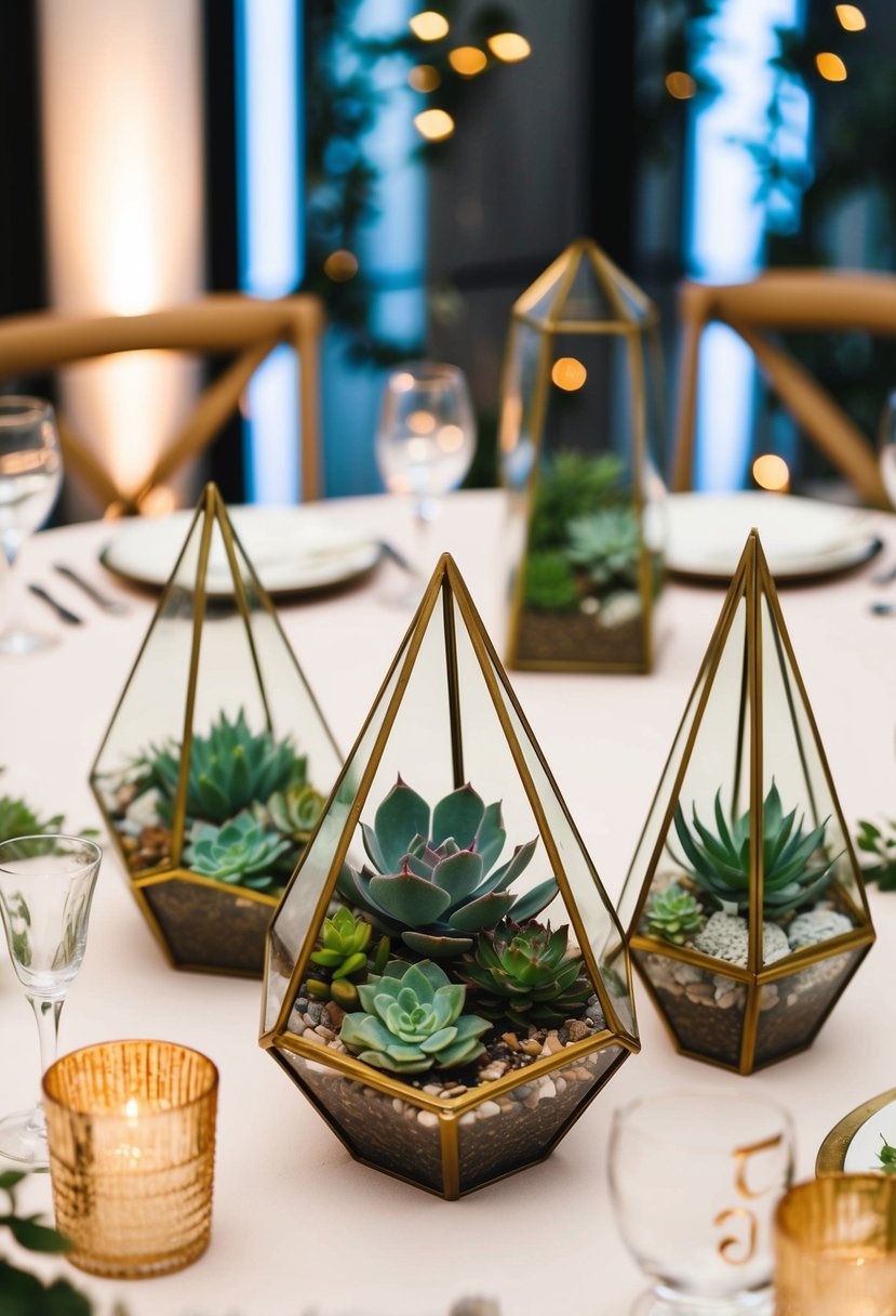 Geometric terrariums filled with succulents arranged as wedding table decorations