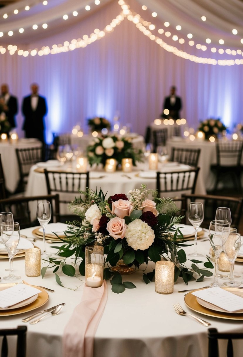 Twinkle lights wrap around floral centerpieces on wedding tables