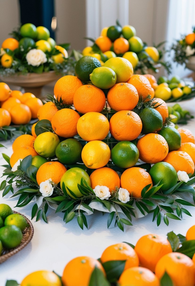 Bright oranges, lemons, and limes arranged in a decorative display with floral accents and greenery, set on a white tablecloth